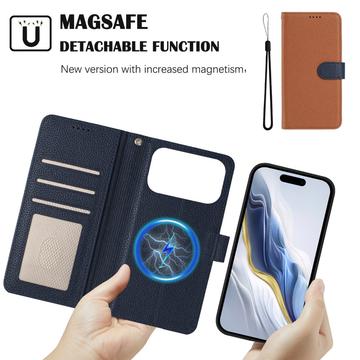 iPhone 17 Pro aftageligt pungetui med MagSafe, RFID-beskyttelse og håndrem - brun / blå