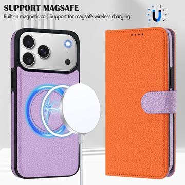 iPhone 17 Pro aftageligt pungetui med MagSafe, RFID-beskyttelse og håndrem - orange / lilla