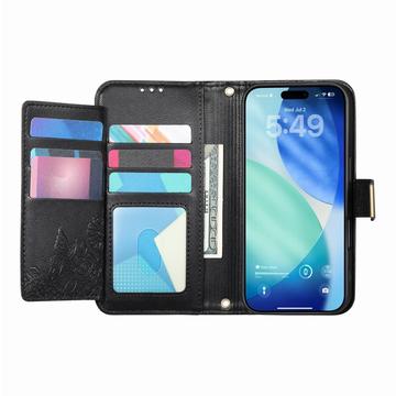 iPhone 17 Pro Pungetui med blomster- og bladmønster med lynlåslomme og håndledsrem - Sort