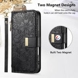 iPhone 17 Pro Pungetui med blomster- og bladmønster med lynlåslomme og håndledsrem - Sort