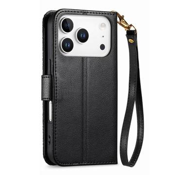 iPhone 17 Pro Pungetui med blomster- og bladmønster med lynlåslomme og håndledsrem - Sort