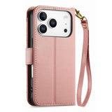 iPhone 17 Pro Pungetui med blomster- og bladmønster med lynlåslomme og håndledsrem - Pink