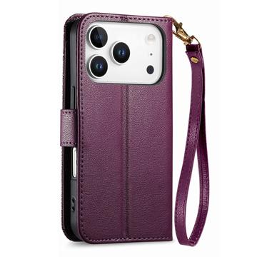 iPhone 17 Pro Pungetui med blomster- og bladmønster med lynlåslomme og håndledsrem - Lilla