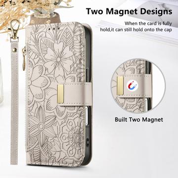 iPhone 17 Pro Pungetui med blomster- og bladmønster med lynlåslomme og håndledsrem - hvid