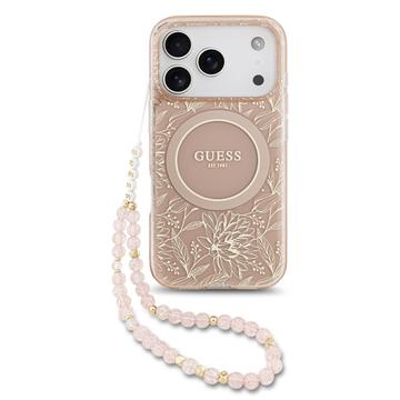 iPhone 17 Pro Guess IML Flowers Allover Electro Cover med Perlestrop - MagSafe-kompatibel - Pink