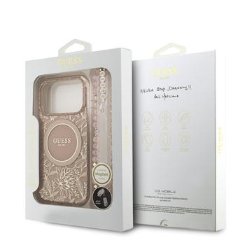iPhone 17 Pro Guess IML Flowers Allover Electro Cover med Perlestrop - MagSafe-kompatibel - Pink