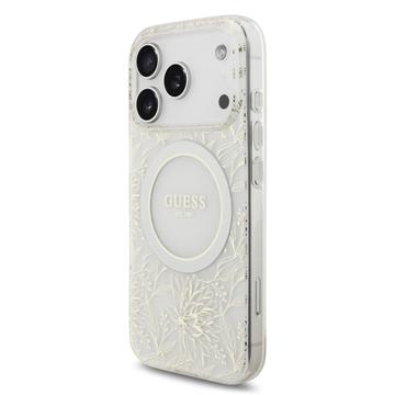 iPhone 17 Pro Guess IML Flowers Allover Electro Cover med Perlestrop - MagSafe-kompatibel - Hvid