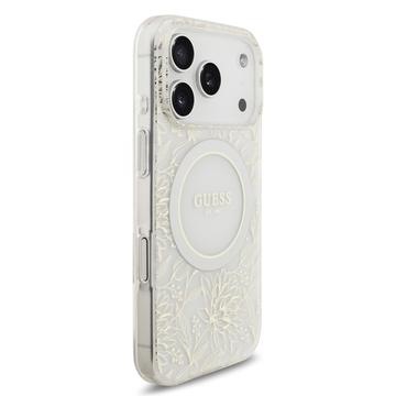 iPhone 17 Pro Guess IML Flowers Allover Electro Cover med Perlestrop - MagSafe-kompatibel - Hvid