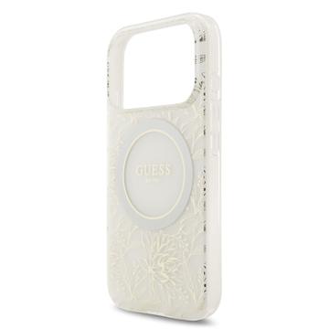 iPhone 17 Pro Guess IML Flowers Allover Electro Cover med Perlestrop - MagSafe-kompatibel - Hvid