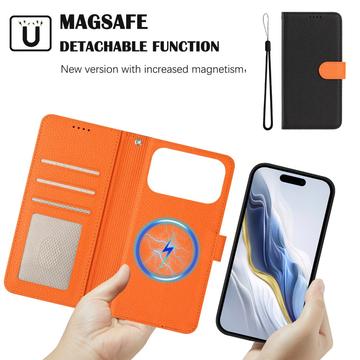 iPhone 17 Pro Max aftageligt pungetui med MagSafe, RFID-beskyttelse og håndrem - sort / orange