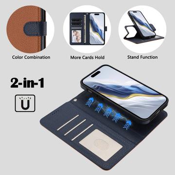 iPhone 17 Pro Max aftageligt pungetui med MagSafe, RFID-beskyttelse og håndrem - brun / blå