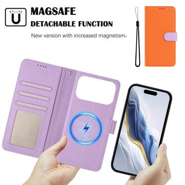 iPhone 17 Pro Max aftageligt pungetui med MagSafe, RFID-beskyttelse og håndrem - orange / lilla