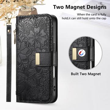 iPhone 17 Pro Max Pungetui med blomster- og bladmønster med lynlåslomme og håndledsrem - Sort