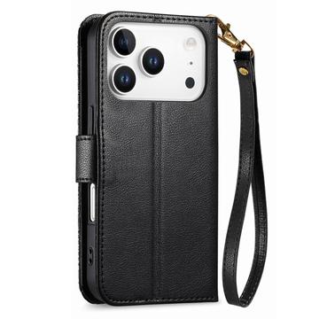 iPhone 17 Pro Max Pungetui med blomster- og bladmønster med lynlåslomme og håndledsrem - Sort