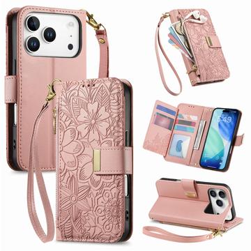 iPhone 17 Pro Max Pungetui med blomster- og bladmønster med lynlåslomme og håndledsrem - Pink