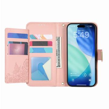 iPhone 17 Pro Max Pungetui med blomster- og bladmønster med lynlåslomme og håndledsrem - Pink