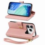 iPhone 17 Pro Max Pungetui med blomster- og bladmønster med lynlåslomme og håndledsrem - Pink
