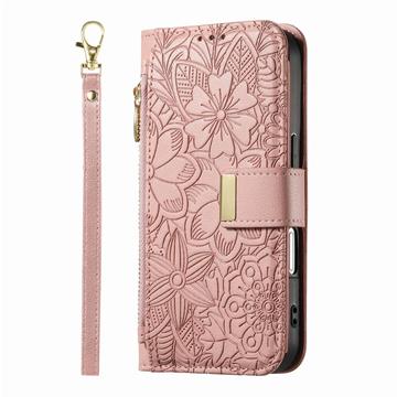 iPhone 17 Pro Max Pungetui med blomster- og bladmønster med lynlåslomme og håndledsrem - Pink