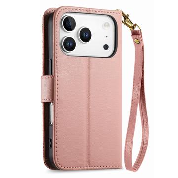 iPhone 17 Pro Max Pungetui med blomster- og bladmønster med lynlåslomme og håndledsrem - Pink