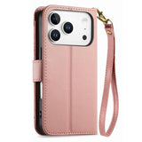 iPhone 17 Pro Max Pungetui med blomster- og bladmønster med lynlåslomme og håndledsrem - Pink