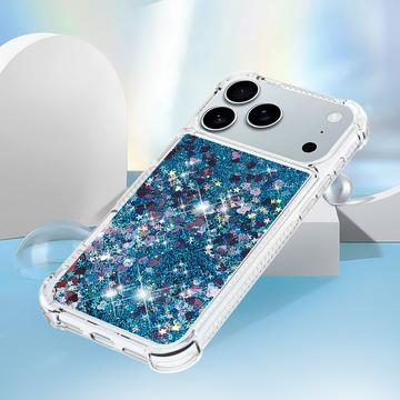iPhone 17 Pro Max Glitter Quicksand TPU Cover - Blå hjerter