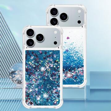 iPhone 17 Pro Max Glitter Quicksand TPU Cover - Blå hjerter