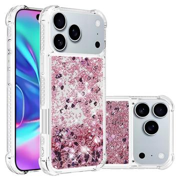 iPhone 17 Pro Max Glitter Quicksand TPU Cover - rosaguldfarvede hjerter