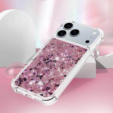 iPhone 17 Pro Max Glitter Quicksand TPU Cover - rosaguldfarvede hjerter