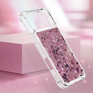 iPhone 17 Pro Max Glitter Quicksand TPU Cover - rosaguldfarvede hjerter