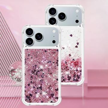 iPhone 17 Pro Max Glitter Quicksand TPU Cover - rosaguldfarvede hjerter