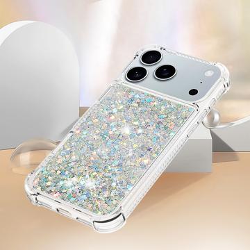 iPhone 17 Pro Max Glitter Quicksand TPU Cover - Sølvhjerter