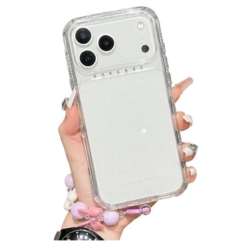 iPhone 17 Pro Max Glitter stødsikkert hybrid cover med håndledsrem - gennemsigtig