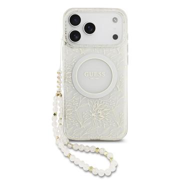 iPhone 17 Pro Max Guess IML Flowers Allover Electro Cover med Perlestrop - MagSafe-kompatibel - Hvid