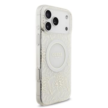 iPhone 17 Pro Max Guess IML Flowers Allover Electro Cover med Perlestrop - MagSafe-kompatibel - Hvid