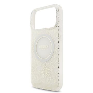 iPhone 17 Pro Max Guess IML Flowers Allover Electro Cover med Perlestrop - MagSafe-kompatibel - Hvid