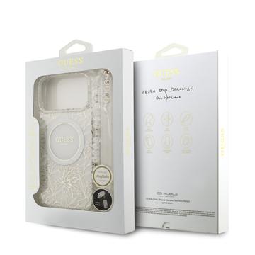 iPhone 17 Pro Max Guess IML Flowers Allover Electro Cover med Perlestrop - MagSafe-kompatibel - Hvid