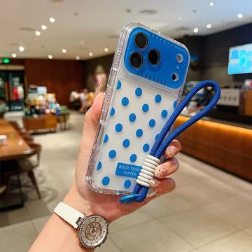 iPhone 17 Pro Max PC / TPU Cover med linsefilm og rem - Polka Dot - Blå