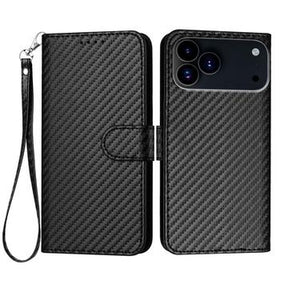 iPhone 17 Pro Max Premium Wallet-etui med rem - kulfiberstruktur - kulsort