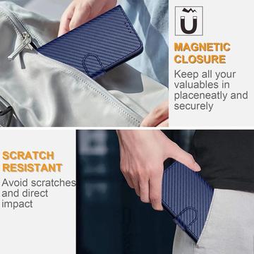 iPhone 17 Pro Max Premium Wallet-etui med rem - kulfiberstruktur - Kulstofblå