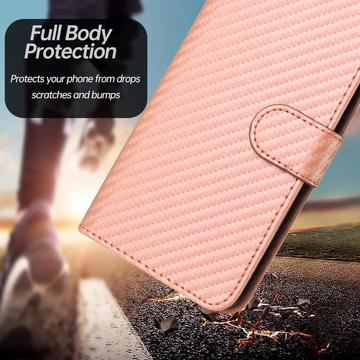iPhone 17 Pro Max Premium Wallet-etui med rem - kulfiberstruktur - Kulstoflyserød