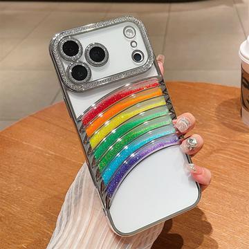 iPhone 17 Pro Max Regnbue Kviksand Hybrid Cover med Rhinestone-kameradekor - Sølv