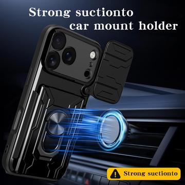 iPhone 17 Pro Max Roterende Ring Hybrid Cover med Kameraskjold - Sort