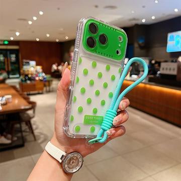 iPhone 17 Pro PC / TPU Cover med linsefilm og rem - Polka Dot - Grøn