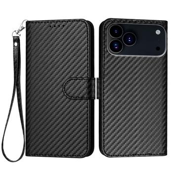 iPhone 17 Pro Premium Wallet-etui med rem - kulfiberstruktur - kulsort