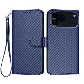 iPhone 17 Pro Premium Wallet-etui med rem - kulfiberstruktur - Kulstofblå