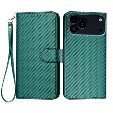 iPhone 17 Pro Premium Wallet-etui med rem - kulfiberstruktur - Kulstofgrøn