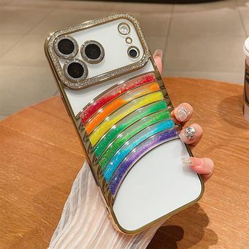 iPhone 17 Pro Regnbue Kviksand Hybrid Cover med Rhinestone-kameradekor - Guld