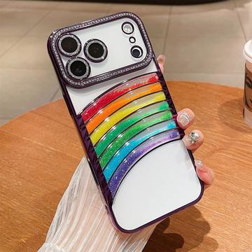 iPhone 17 Pro Regnbue Kviksand Hybrid Cover med Rhinestone-kameradekor - Lilla