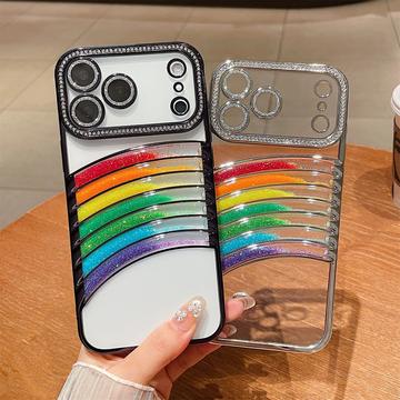 iPhone 17 Pro Regnbue Kviksand Hybrid Cover med Rhinestone-kameradekor - Lilla