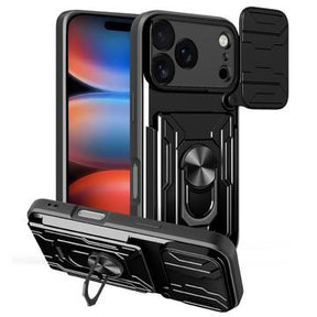 iPhone 17 Pro Roterende Ring Hybrid Cover med Kameraskjold - Sort